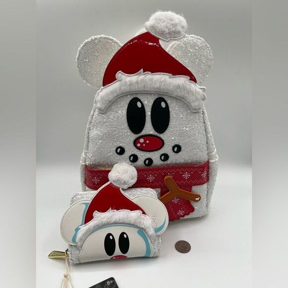Loungefly Handbags - Loungefly Chistmas Mickey Mouse Cosplay Sequin Mini Backpack and Wallet Lot of 2
